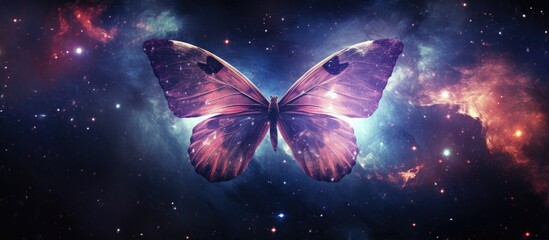 A violet butterfly, illuminated by stars, flutters through the night sky - obrazy, fototapety, plakaty