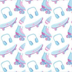 Obraz premium Summer seamless pattern rollers, skateboard, ice cream, headphones.