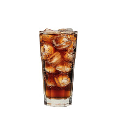 A glass containing a soft drink mix with ice sits alone on a table separated against a transparent background