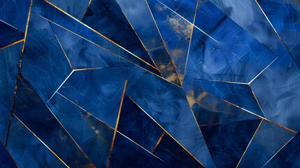 Blue Geometric Layers Enhanced by Golden Lines and Illumination on Deep Blue Canvas Abstract
