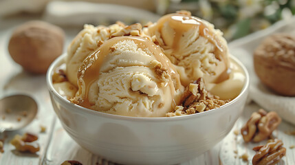 ice cream with caramel sauce and ground nuts on white wooden table