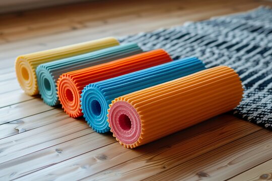 A colorful array of foam rollers on a wooden floor, inviting an active lifestyle and varied exercise routines.