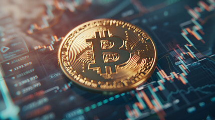  bitcoin interactive stock chart advanced trading system background is blurred golden coin and charts,  financial elegance sophistication