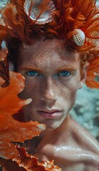 handsome man underwater with seahorse, mermaid, red hair in turquoise water, sea, fantasy, surrealism