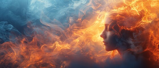 Fototapeta premium Mystical Portrait Background, Fiery Silhouette on Smoky