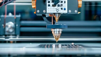 A laboratory with futuristic orange glowing equipment performing precise operations, ideal imagery for themes related to scientific innovation, research, and advanced technology. Banner. Copy space