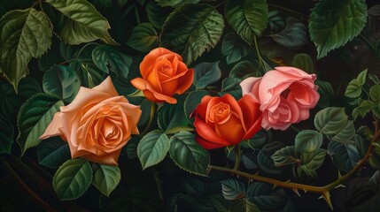 Pink roses in the garden alongside an orange bud and vibrant red rose in a natural setting among branches and leaves showcasing the beauty of botanical flora in summer