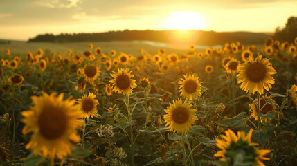 The sun sets behind a field of scorched sunflowers casting an eerie glow over the once beautiful landscape. .