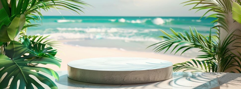 3d render podium scene with tropical beach background, summer vacation concept, mock up for product display presentation design, tropical leaves and ocean wave