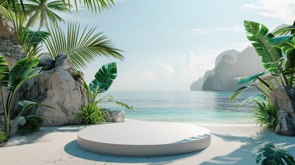 Fototapeta premium 3d render tropical beach background with podium for product display summer scene with palm leaves and ocean view