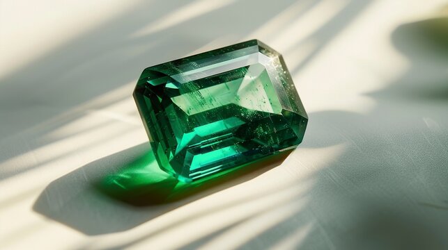 An emerald gemstone cut in a rectangular shape under natural lighting. Green cut emerald stone to be placed in jewelry.