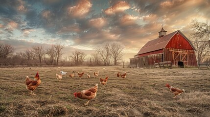 Traditional Barnyard Scene with Chickens Pecking and Red Bard in the Background