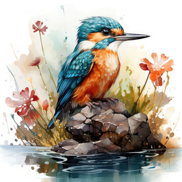 Watercolor king fisher bird catch the fish, clipart Illustration, Generative Ai