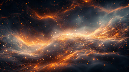 Abstract scene with golden and orange particles forming flowing waves against a dark background