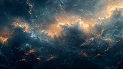 Abstract cosmic scene with dark blue and golden clouds, suggesting a celestial atmosphere - obrazy, fototapety, plakaty