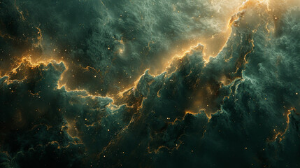 Abstract image with a dramatic display of dark green clouds and bright golden streaks, resembling cosmic formations