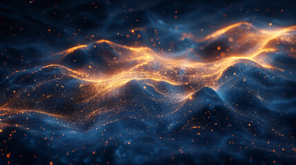 Obraz premium Dynamic waves of golden particles on a dark background, creating an ethereal and flowing pattern. The combination of light and dark tones suggests energy and movement in an abstract setting