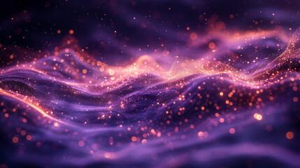 Abstract purple and orange background with swirling waves and glowing particles, creating sense of...