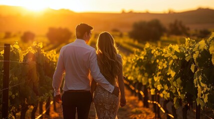A young couple dressed in elegant attire walk arm in arm along the rows of gvines taking in the beauty of the sunset sky beyond the . . - Powered by Adobe