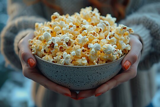 Woman holding kettle corn bowl, delicious American comfort food snack