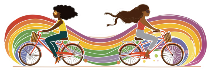 Colorful sticker of two girls riding bike with LGBT flag as background. Pride month concept over isolated transparent background
