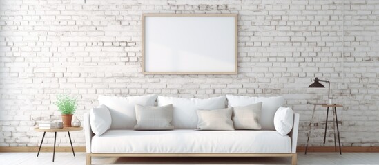 Modern living room with white couch against white brick wall