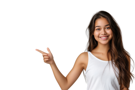 Young lady hold a finger to pointing gesture transparent background