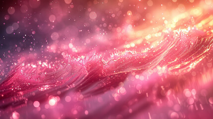 Abstract background with waves of pink and red hues, accented with glowing particles and a soft bokeh effect