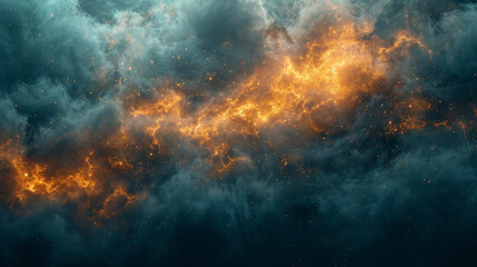 Cosmic scene of glowing golden clouds against dark blue backdrop. Abstract formation creates sense of energy and cosmic mystery