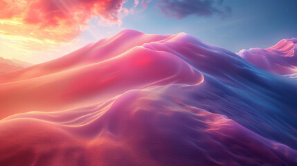 Fototapeta premium Flowing fabric-like dunes in soft pink and purple hues, illuminated by a warm sunset