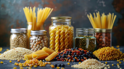 Set of raw cereals, grains, pasta and canned food on the table