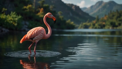 Fototapeta premium 4K wallpaper featuring a graceful flamingo standing in tranquil waters amidst stunning natural scenery Generative AI