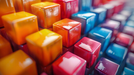 Colorful cubes arranged in a close-up view, with various shades of red, orange, blue, and pink