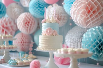 Baby shower party. Table with desserts, cakes in the theme of a gender reveal party for expectant and young parents in pink and blue tones.