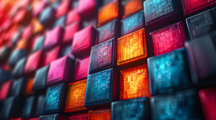 Textured cubes with vibrant colors, including red, orange, blue, and pink