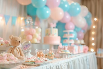 Baby shower party. Table with desserts, cakes in the theme of a gender reveal party for expectant and young parents in pink and blue tones.