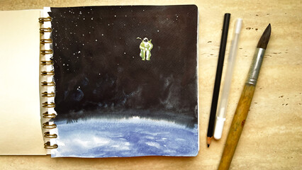 Hand drawn watercolor sketch of cosmos and astronaut flying above the Earth. Aquarelle illustration with spaceman floating in black abyss. Watercolour sketchbook. Film grain texture. Soft focus. Blur