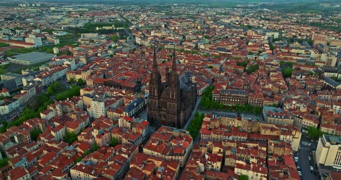 France, Clermont-Ferrand church, aerial view by drone. Drone Aerial shot of Montlucon in central France. Montlucon is the largest commune in the Allier department. A panorama of the french city