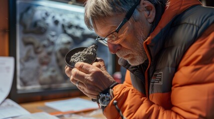 With a magnifying glass in hand the geologist examines a piece of volcanic ash lost in thought as they connect data points on a whiteboard behind them. .
