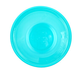 Empty new cyan plastic cup, disposable, isolated on white, clipping path, top view	