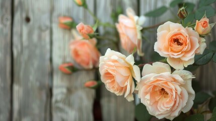 Softly blurred peach roses against a weathered wooden fence providing a cozy and rustic feel to the image. .