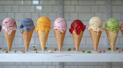 Various of ice cream flavor in cones blueberry , strawberry , pistachio , almond , orange and cherry setup on white wooden background , Summer and Sweet menu concept