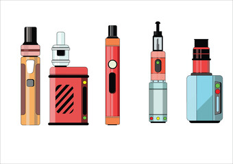 Electronic Cigarettes and accessories icons set. Vaping device and bottles with vape liquid. Liquid cotton,Pincers vape,Vape Pen,Vector E-cigarette and Flat vector.