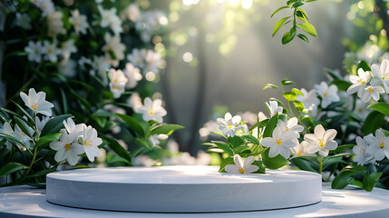 Serene White Flowers and Lush Foliage Surrounding a Display Podium - Nature-Inspired Stage for Eco-Conscious Product Showcasing