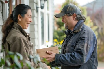 courier handing a parcel package to a lady