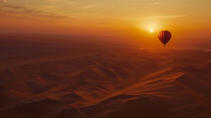 A hot air balloon drifts over the desert at dawn offering a breathtaking view of the sun rising over the sea of sand. 2d flat cartoon.
