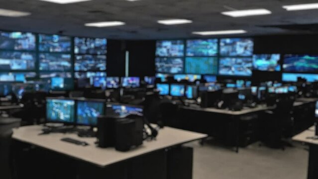 blur background of the army call center with many monitors in room render 3d