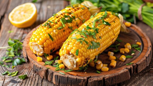 Sweet corn steamed with herbs on a wooden platter