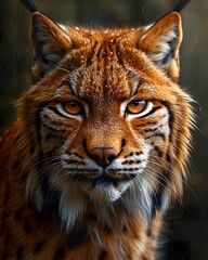 Obraz premium Portrait of a beautiful detailed fur lynx in natural habitat. Lynx with fluffy fur and piercing eyes under small snowflakes.