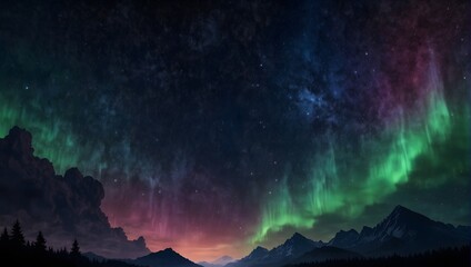 Illustration of a fantastical night sky backdrop adorned with spreading auroras Generative AI